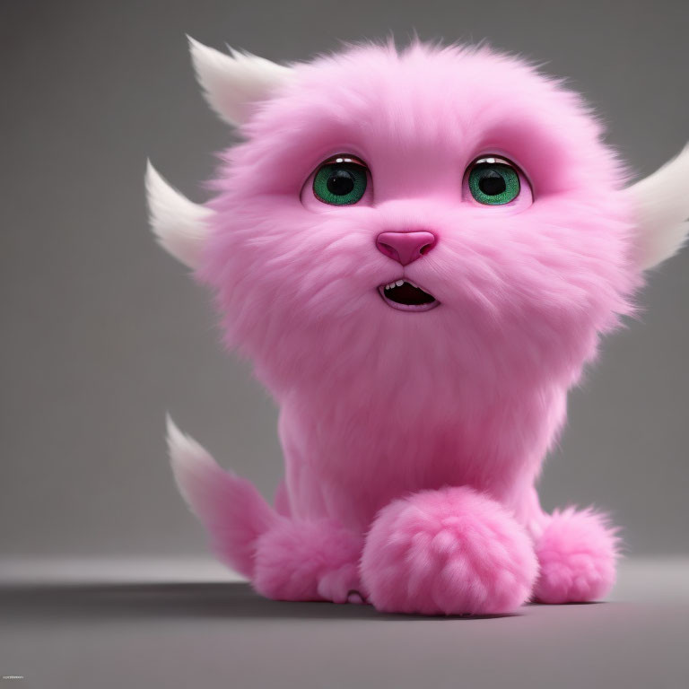 Pink fluffy fantasy creature with green eyes and fangs