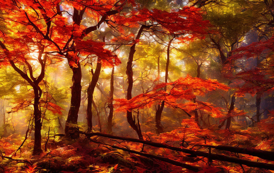 Autumn forest with sunlight filtering through red and yellow leaves