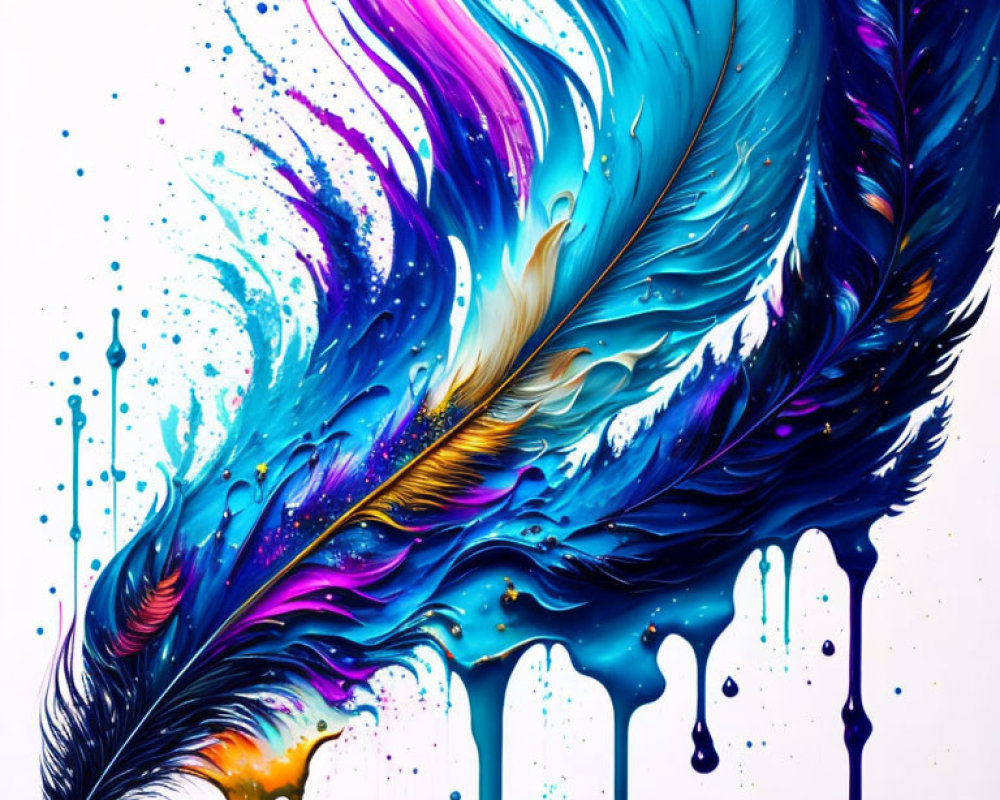 Colorful Feather Artwork with Blue, Purple, and Gold Hues