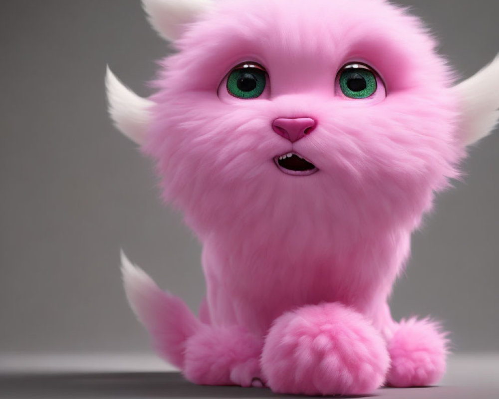 Pink fluffy fantasy creature with green eyes and fangs