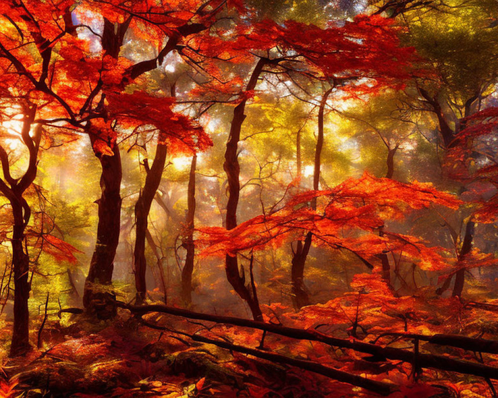 Autumn forest with sunlight filtering through red and yellow leaves