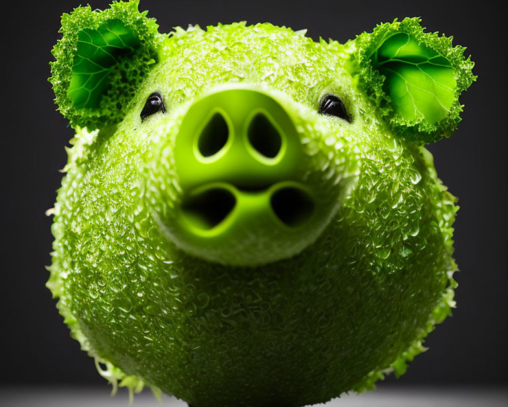 Whimsical pig-shaped object with green textured surface and leaf ears on dark background