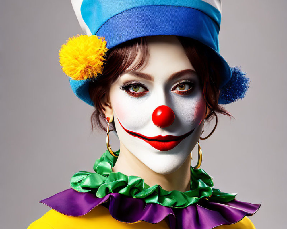 Colorful clown makeup and costume with white, blue, and red hat on gray background