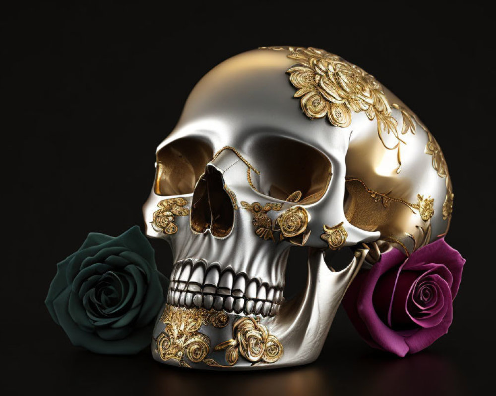 Intricate Floral Golden Skull with Emerald and Purple Roses