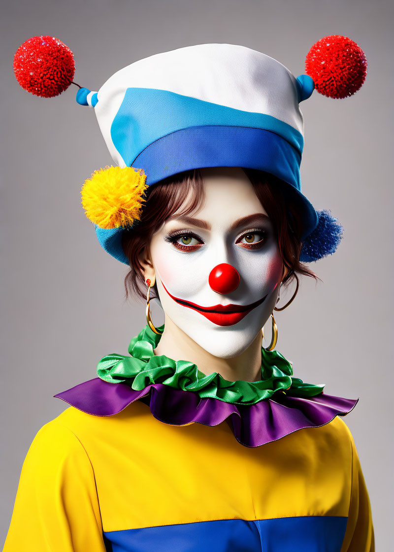 Colorful clown makeup and costume with white, blue, and red hat on gray background