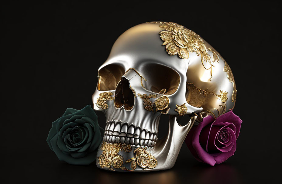 Intricate Floral Golden Skull with Emerald and Purple Roses