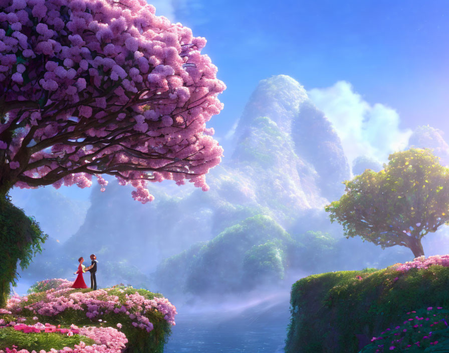 Animated characters under cherry blossom tree in colorful fantasy landscape