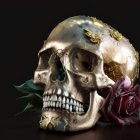 Intricate Floral Golden Skull with Emerald and Purple Roses