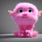 Pink fluffy fantasy creature with green eyes and fangs