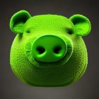 Whimsical pig-shaped object with green textured surface and leaf ears on dark background