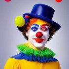 Colorful clown makeup and costume with white, blue, and red hat on gray background