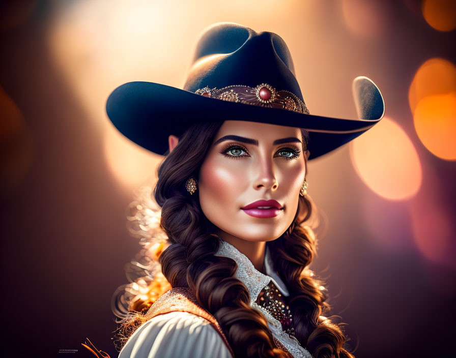 Stylized portrait of woman with wavy hair in cowboy hat against bokeh-lit background