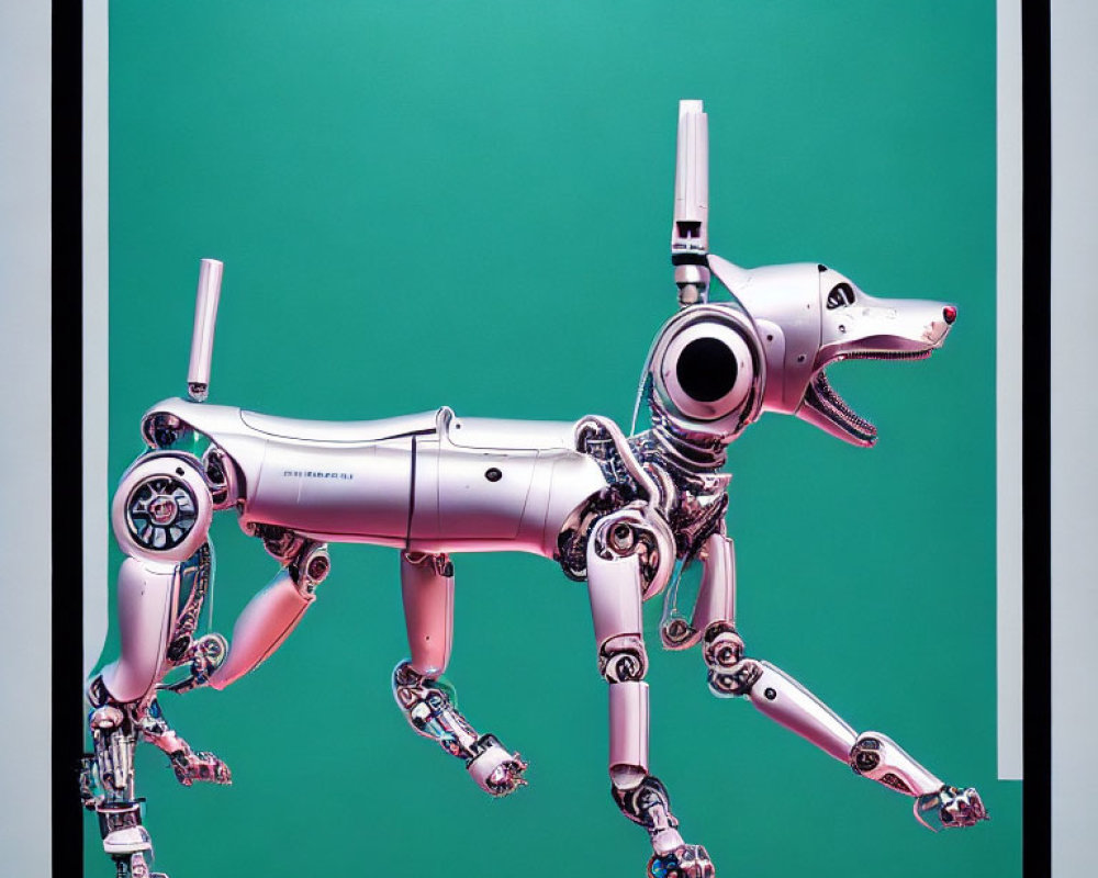 Digital artwork of robotic dog with intricate mechanical details on green background