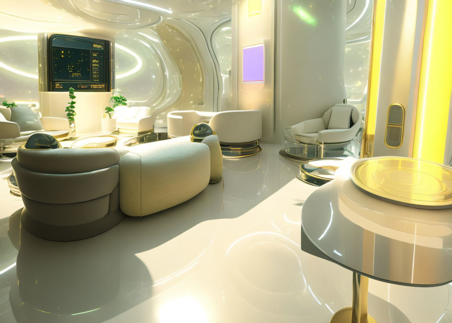 Sleek futuristic interior with modern furniture and high-tech displays