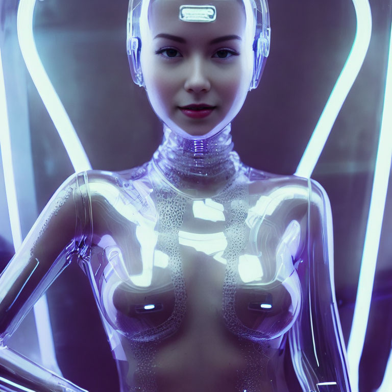 Female android in neon-lit mechanized armor: Futuristic technology and AI aesthetics