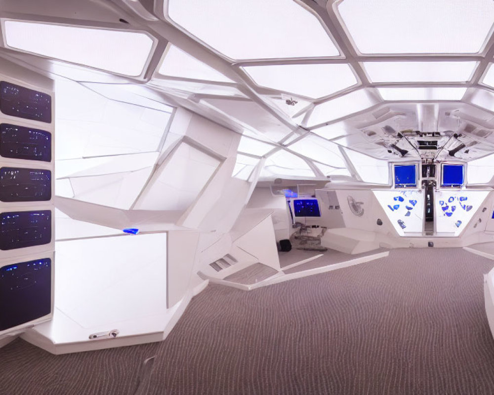 Futuristic spacecraft interior with white panels and hexagonal windows