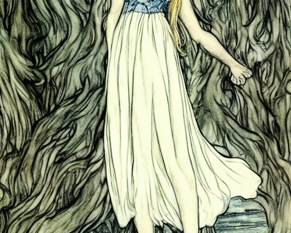 Blonde woman in flowing white dress among gnarled trees