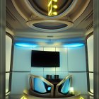 Sleek futuristic spaceship interior with glowing panels and viewing window