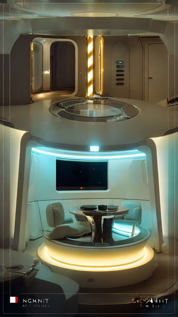 Sleek futuristic spaceship interior with glowing panels and viewing window