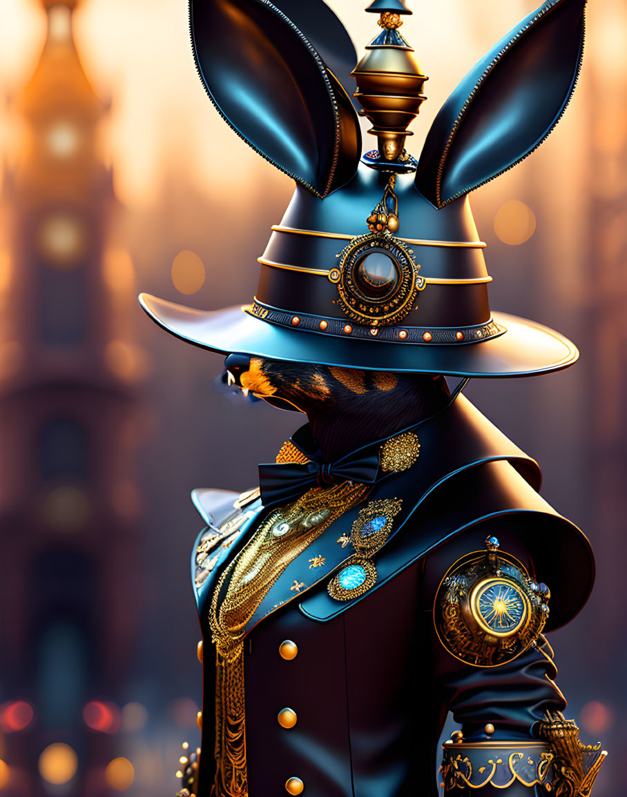 Anthropomorphic rabbit in steampunk attire with cog motifs against cityscape.