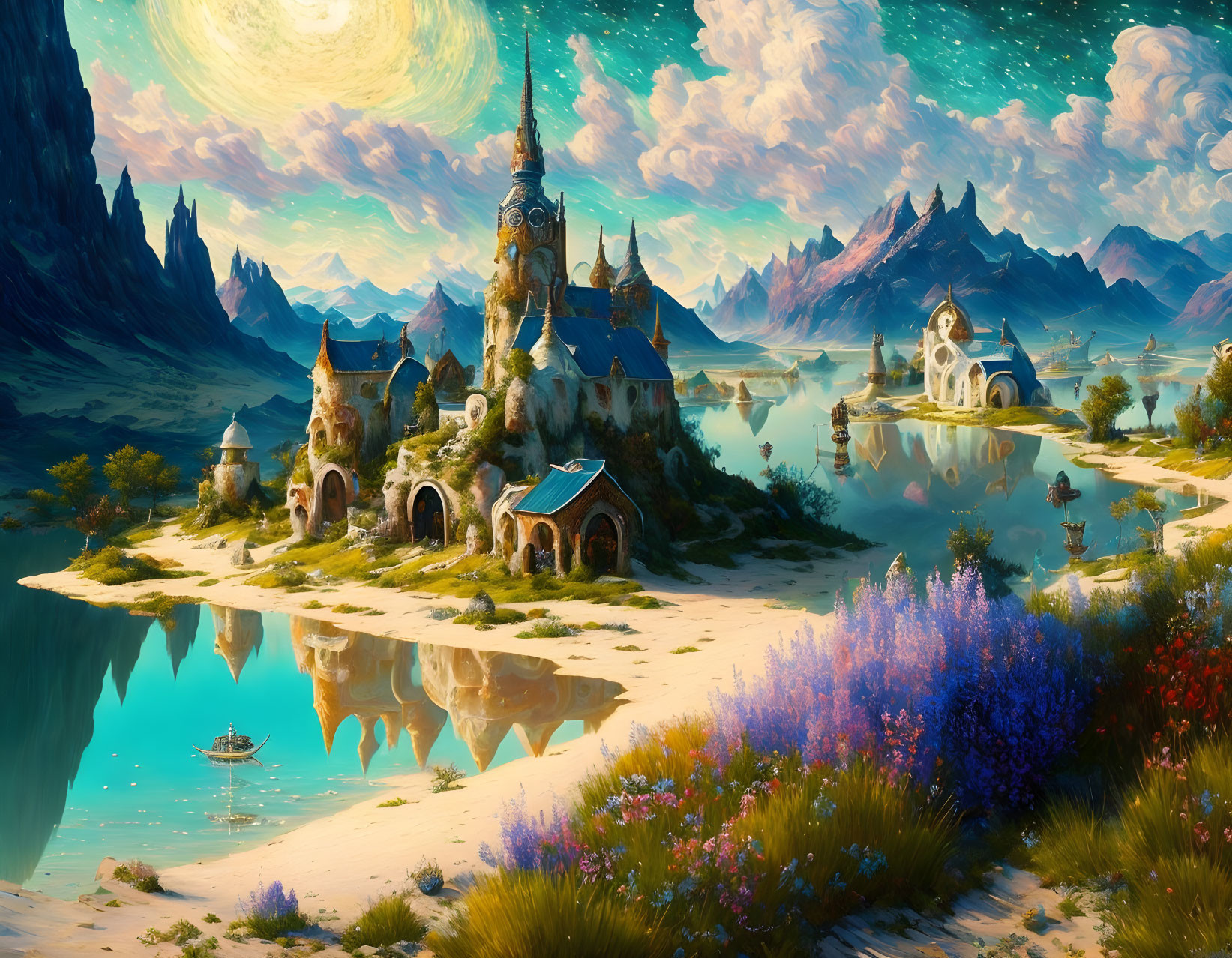 Fantasy landscape with whimsical architecture by serene lake