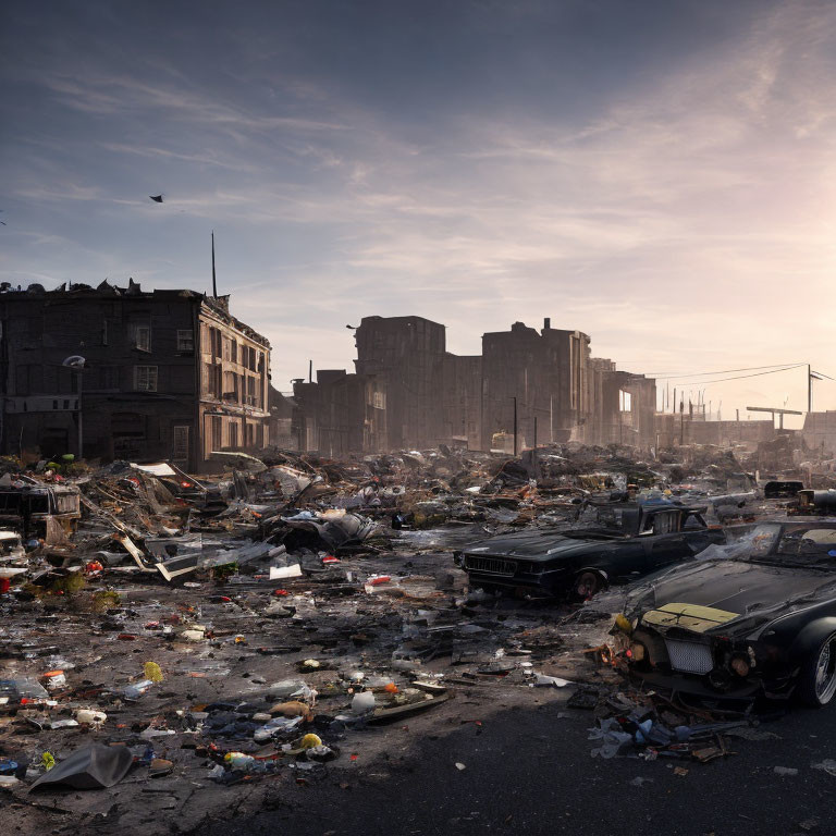 Derelict Dystopian Cityscape with Abandoned Buildings & Garbage