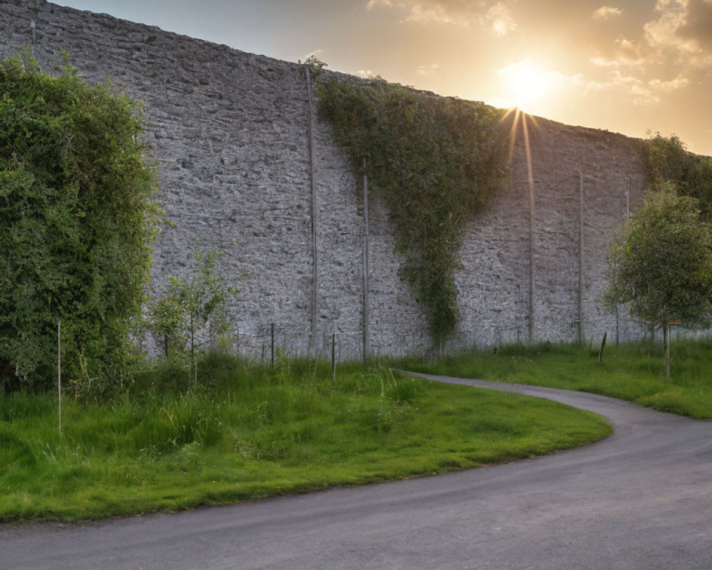 Scenic sunset view of winding path and stone wall amid lush greenery