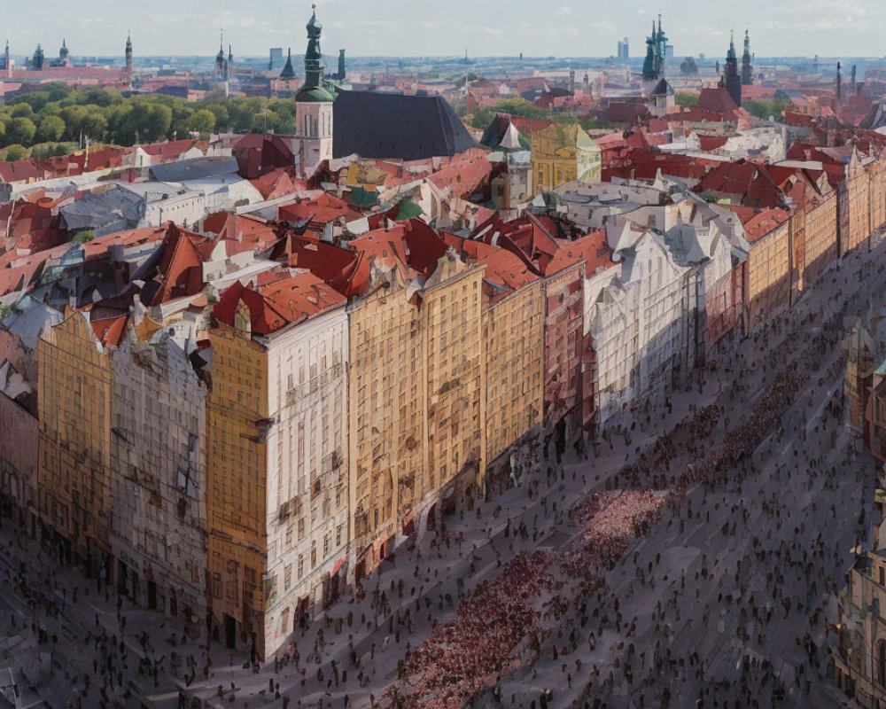 European city street with row buildings, red rooftops, crowds, and distant church spires.