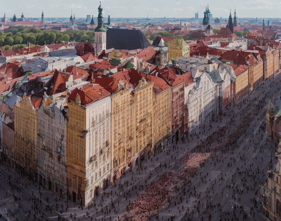 European city street with row buildings, red rooftops, crowds, and distant church spires.