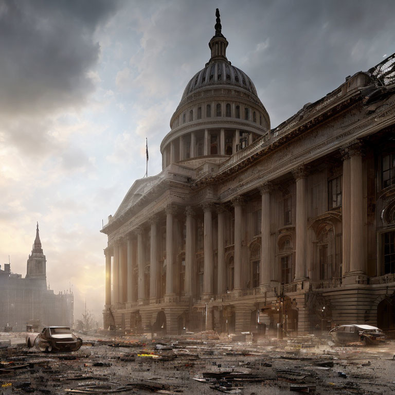 Damaged Capitol Building with dramatic sky and debris.