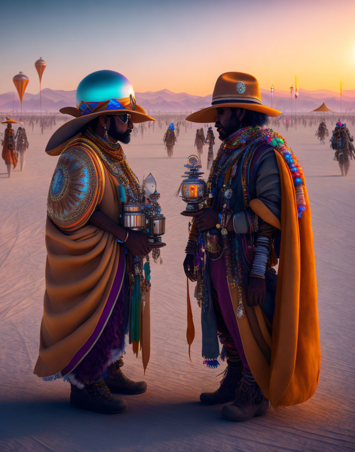 Costumed duo with lanterns in desert festival scene at dusk