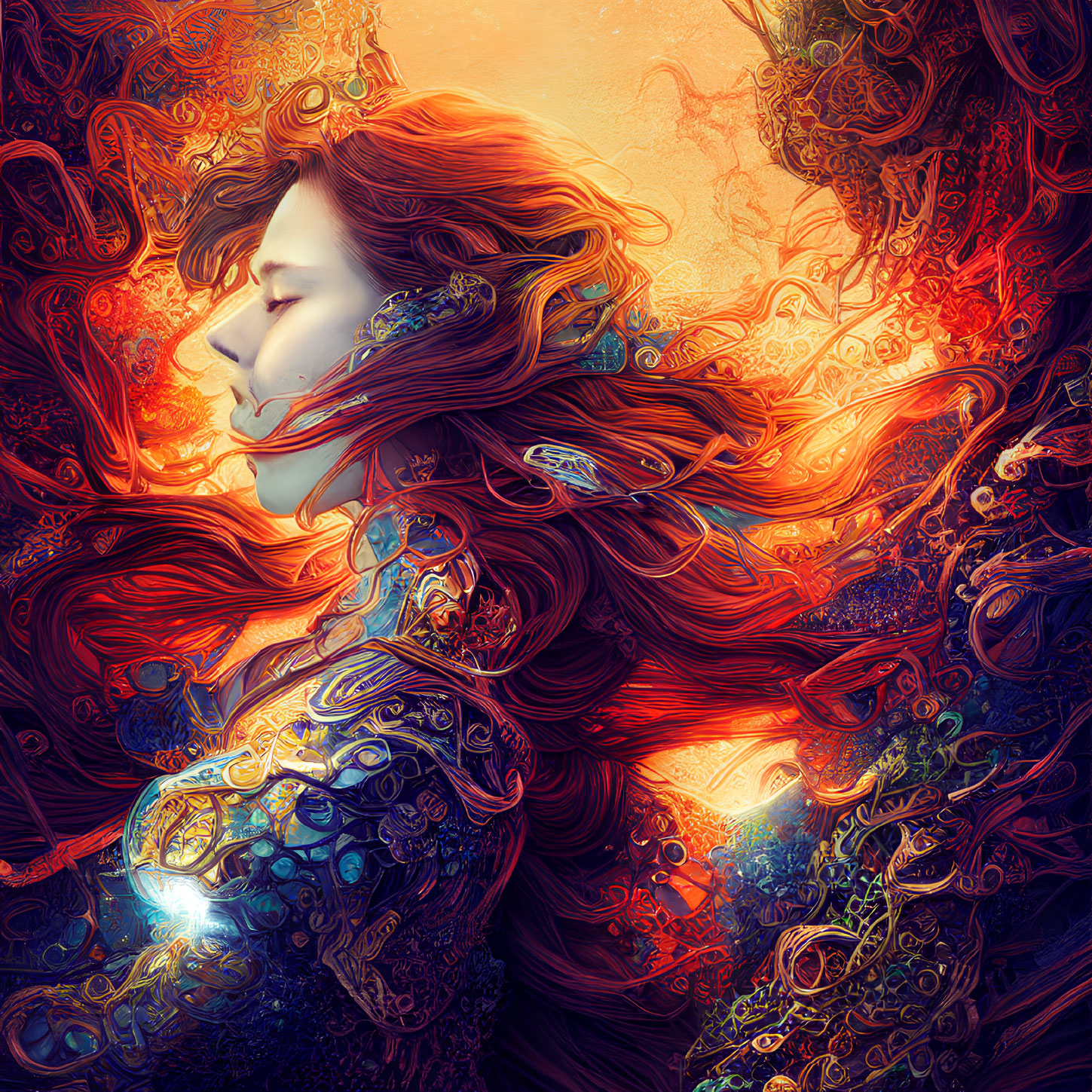 Colorful Digital Art: Woman with Flowing Hair and Abstract Patterns