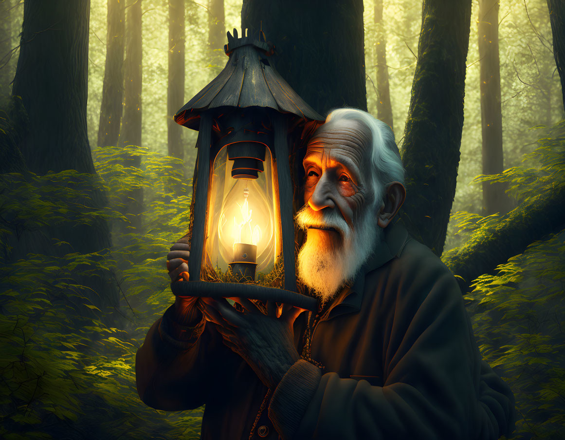 Elderly man with white beard holding lantern in serene forest