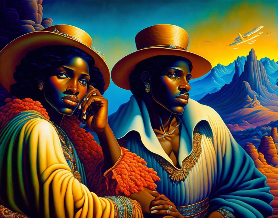 Stylized figures in elegant attire with wide-brimmed hats against vivid mountain backdrop