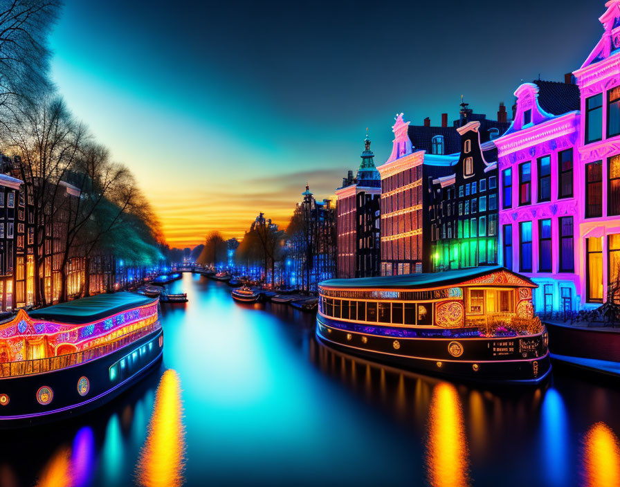 Calm Amsterdam canal at twilight with illuminated buildings and boats reflecting colors