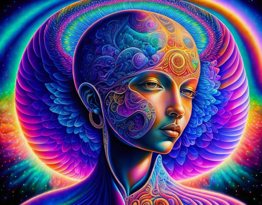 Colorful Psychedelic Portrait of Humanoid Figure with Intricate Patterns and Radiant Wings