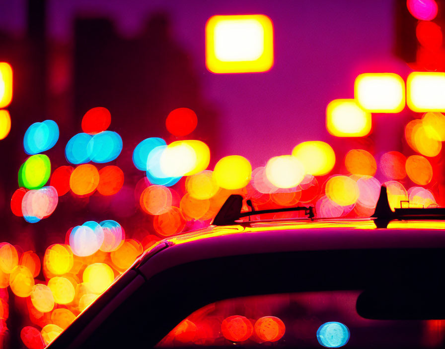 Blurred night scene with vibrant bokeh lights and car silhouette