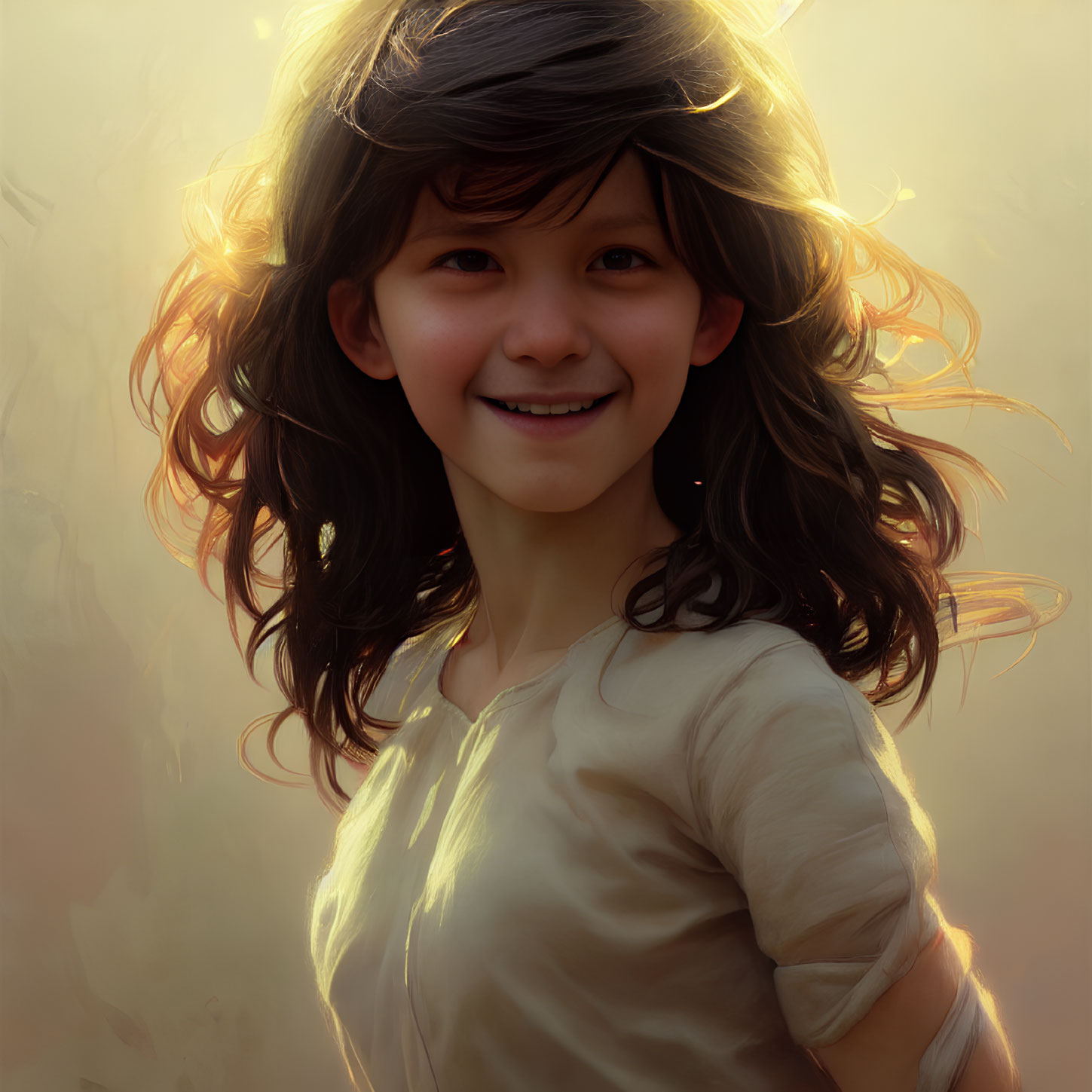 Smiling child with wavy backlit hair in warm light