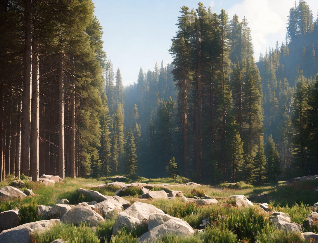 Sunlight through dense pine forest on rocky clearing.