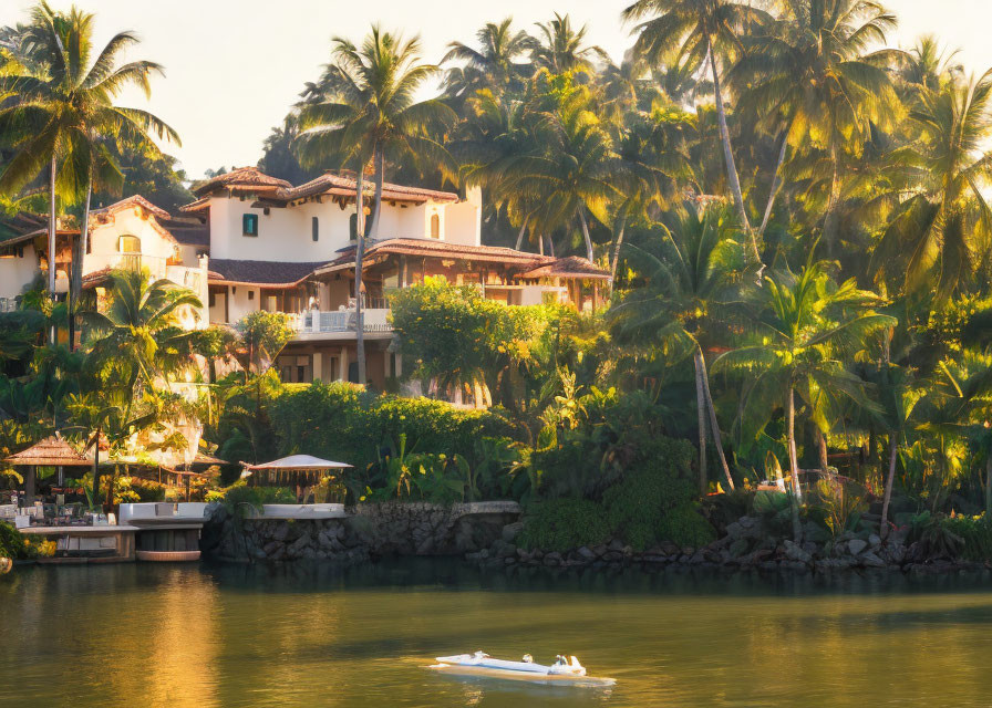 Tranquil Tropical Resort with Palm Trees and Boat at Golden Hour