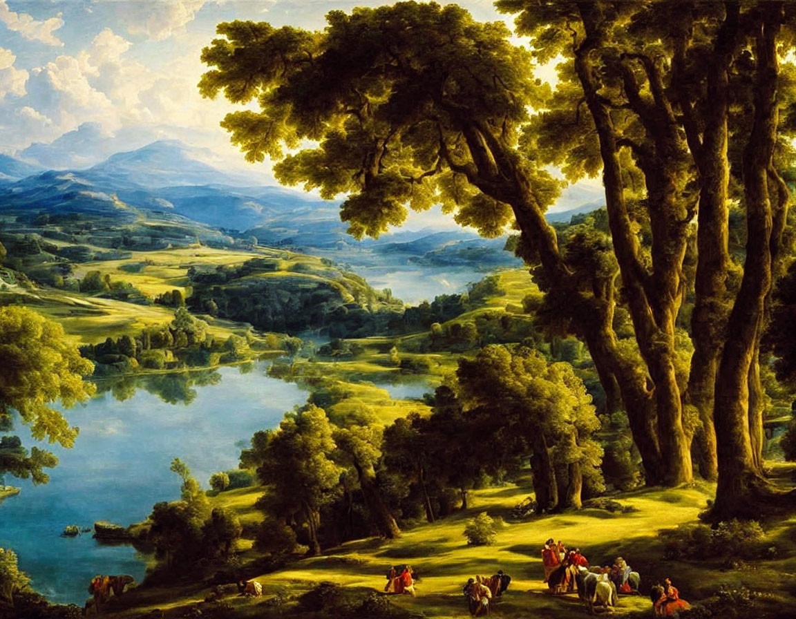 Tranquil pastoral landscape with trees, lake, hills, and figures