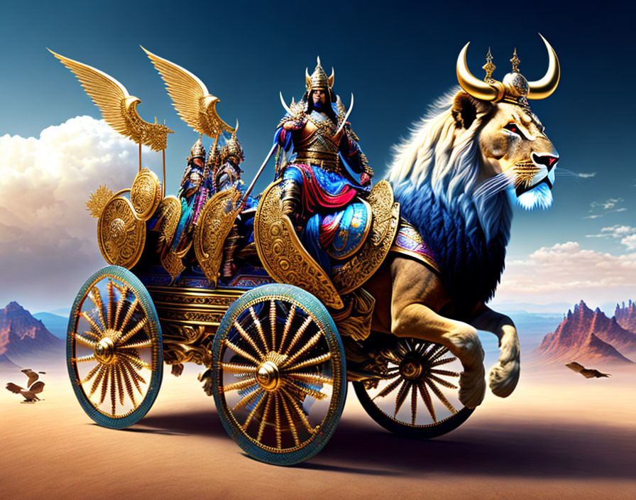 Warrior in armor on lion chariot under dramatic desert sky