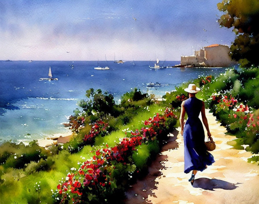 Person in Blue Dress Walking on Flower-Lined Path to Seaside with Sailboats