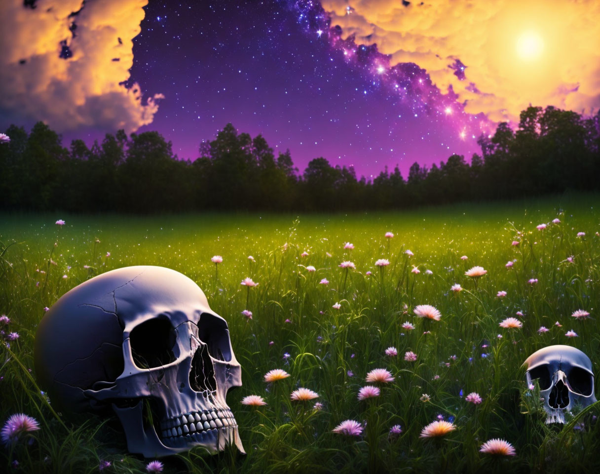 Surreal landscape with skull, flowers, stars, sun & clouds