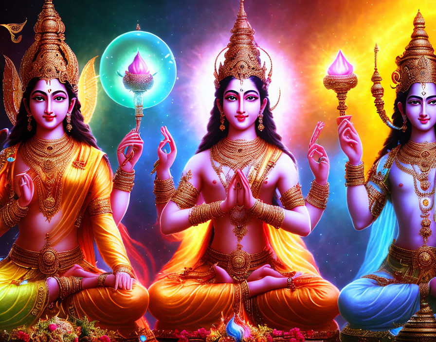 Colorful Hindu deities with multiple arms and ornate crowns in celestial setting