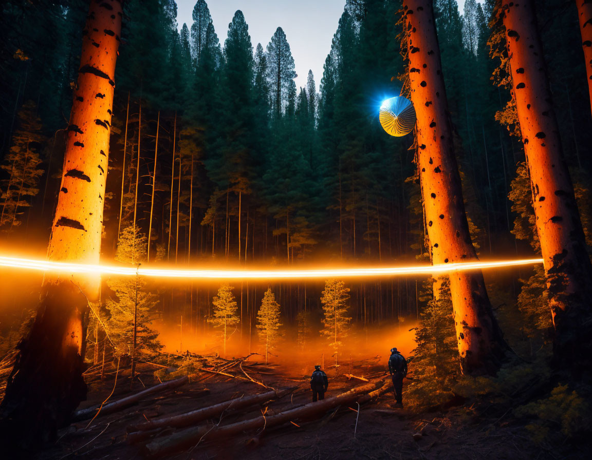 Three people in misty forest with tall trees under fantastical twilight light beam