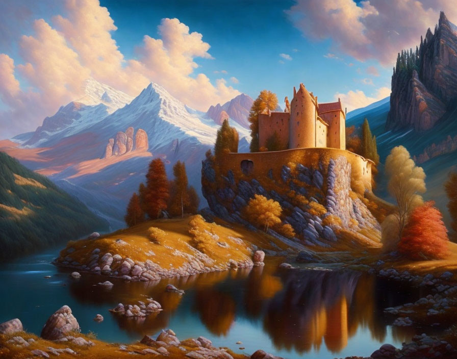 Medieval castle on lakeshore with autumn trees and mountains in serene landscape