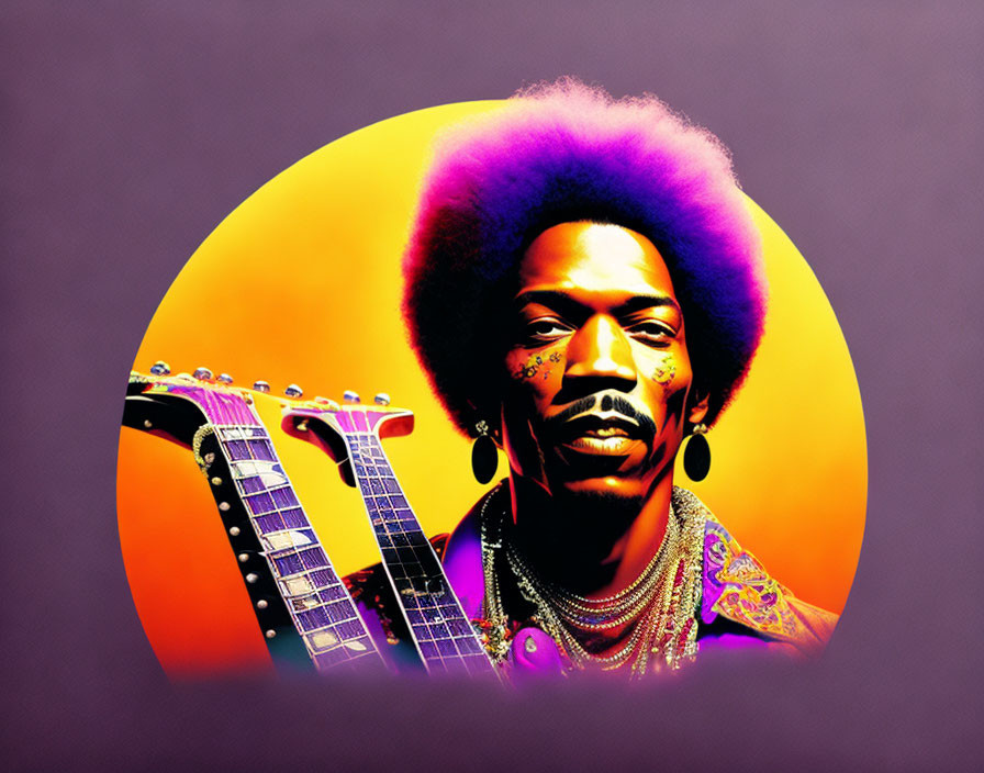 Man with Afro in 70s Attire & Electric Guitar on Colorful Background