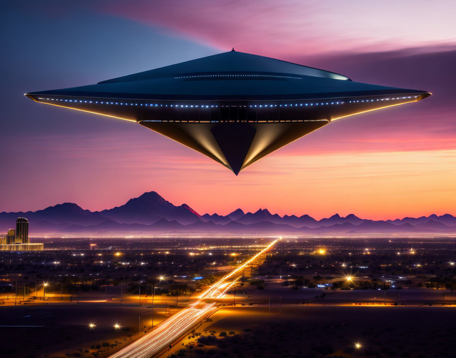 Majestic UFO above highway at dusk with mountainous horizon