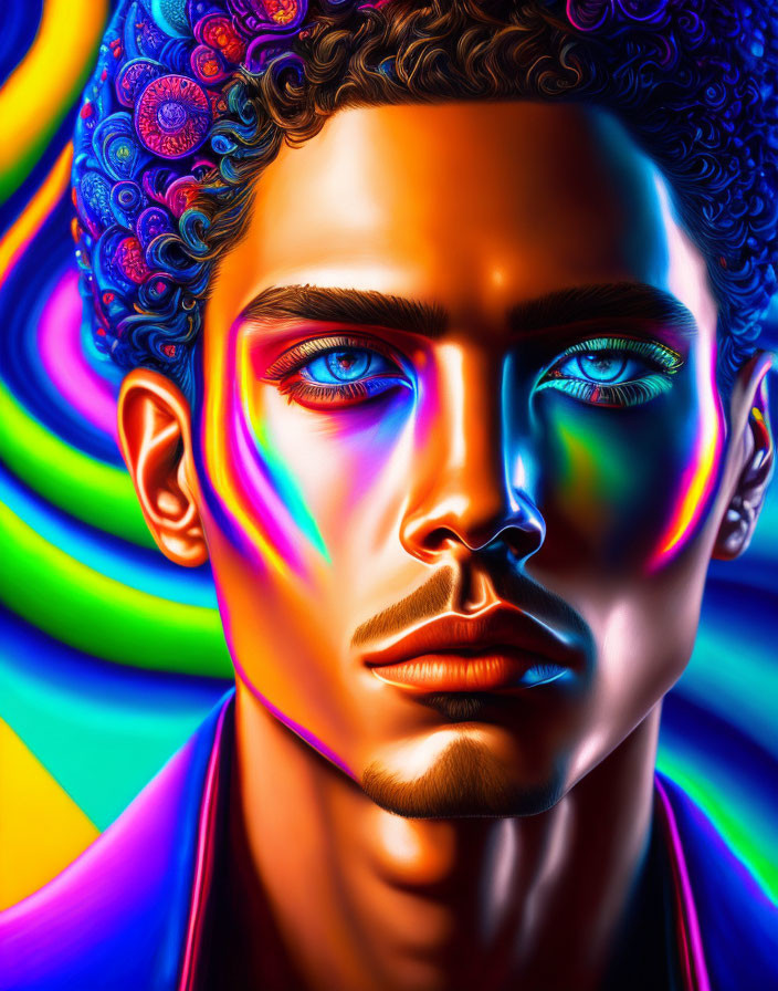 Colorful digital portrait with swirling neon hues and detailed facial features.